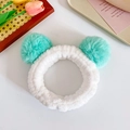White plush headband with teal pom poms for washing face, cute Korean style hair accessory - Mint Green