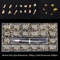 Nail art kit with 6440pcs mineral gold glass rhinestones and dual-ended wax pen - Mineral Gold (1400 Big, 5040 Small)