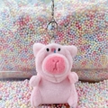 Plush pink piglet capybara keychain with soft long fur and silver metal lobster clasp - Pig Hat Pink + Silver Clip
