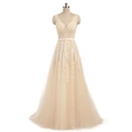 Elegant champagne V-neck evening gown with lace bodice and layered tulle A-line skirt - US size 12 (L) / Champagne