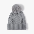 Grey cable knit beanie for women with large faux fur pom-pom and ribbed cuff - One Size / Blue-Grey