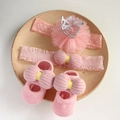 Baby girl pink set with crown headband, bow headband and matching knit shoes on wood tray - Korean Pink 3D Crown Headband + Openwork Socks