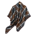 Detailed view of thick plaid pattern scarf with dark brown stitched edges in soft cashmere style - Grey Brown