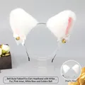 White plush cat ears headband with pink inner fur, satin bows and golden bells - One Size / Folded Ear Ding-Dong - White
