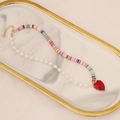 Collar bohemio de perlas y cuentas heishi de colores con colgante de corazón rojo - 4# Color Mixto - Colores del Arco Iris Con Corazón Rojo