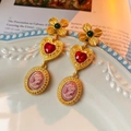 Vintage palace style earrings featuring golden floral studs and pink cameo portraits - 12# Silver Pin Flower Rhinestone Heart Portrait Stud