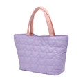 Quilted lavender tote bag with heart patterns and pink handles in a 45-degree side view - Purple Large Tote Bag