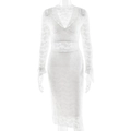 Elegant white lace bodycon dress featuring deep V-neck, sheer long sleeves and floral patterns - S / White