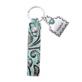 Mint green embossed leather keychain with silver 'blessed' charm and turquoise stone - Blessed Tag / Teal Leather