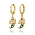 Detail of gold-plated dolphin earrings featuring vibrant green and purple inlaid zircons - Dolphin