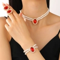 Elegant jewelry set with double-layer pearl necklaces and ruby gemstone ring on model - Gold Red (7928)
