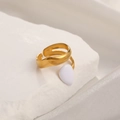 Minimalist gold open ring featuring a smooth white oval stone on a geometric band - Adjustable Open / 18K Gold Plated Teardrop White