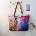 Large bohemian peacock print tote bag featuring white fringe trim and brown shoulder straps - Artistic Peacock Print / 47x35x13cm