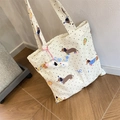 Polka dot canvas tote bag featuring cartoon dachshund prints and a plush dog charm - Dachshund Shoulder Bag + Plush Dog Pendant