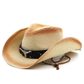 Western straw cowboy hat with bull head emblem and adjustable drawstring for outdoor use - Beige Rust Red Gradient