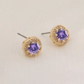 Sparkling square zircon stud earrings with purple stone in golden setting for women - Gold - Purple Zirconia