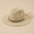 Cappello da sole Panama in paglia beige con perline colorate e corda boho intrecciata - M (56-58cm) / Beige Chiaro