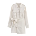 Retro khaki utility wrap dress with long sleeves, waist tie, and pocket details for women - XS / Natural Linen Color