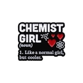 Black enamel Chemist Girl pin with white text and red heart accents on white background - Chemist Girl Style (QHXZ500)