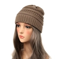 Women's minimalist dark brown knit beanie hat for winter warmth shown on a model head - Khaki