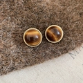 Macro detail of 18k gold plated round tiger eye stone stud earrings on brown wool fabric - 2# Silver Earring Post - Coffee Textured Round (Gold Plated)