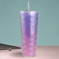 Double-walled mermaid scale plastic tumbler in purple pink gradient with clear straw - 24oz / Gradient Purple
