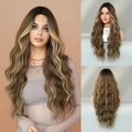 Long wavy synthetic hair wig with brown and blonde highlights for women in middle part - Brown Mixed Gold