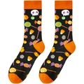 Halloween-Socken mit Totenkopf- und Süßigkeitenmuster in Schwarz und Orange im Detail - A2017 Schwarz Totenkopf Süßigkeiten