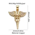Caduceus medicine staff pendant in copper gold plating with micro-set cubic zirconia - Medical Caduceus Winged Staff Pendant