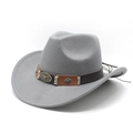 Detail of the brown leather band with bull head emblem on a grey wool felt cowboy hat - M(56-59CM) / Gray