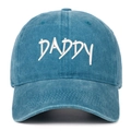 Close-up of DADDY embroidery on blue washed cotton baseball cap showing twill texture - One Size / Lake Blue