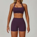 Women's backless dark purple yoga set with halter sports bra and high waist shorts - S / Bra Style 1 + Shorts / Dark Purple