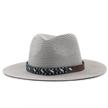 Detail of grey straw fedora hat featuring hand-woven ethnic beads on a brown leather band - M (56-58cm) / Ethnic Beaded Style / Gray