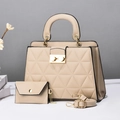 Elegant beige quilted handbag set with matching pouch and adjustable strap - Khaki