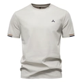 Detailed view of grey cotton T-shirt neckline with size M label and embroidered blue logo - 2XL / Apricot