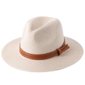 Foldable beige straw Panama hat featuring a stylish double-loop brown leather strap - M (56-58cm) / Beige
