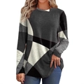 Women's casual long sleeve T-shirt featuring bold black and grey geometric color blocks - Gray