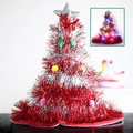 Sparkly red and silver Christmas tree hat with colorful pom-poms and LED glowing lights - Double Layer Red Silver With LED Light