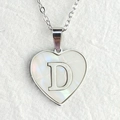 Silver heart necklace with white shell inlay and 3D metal letter D on an O-chain - Letter D / Silver