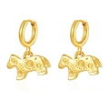 Detailed view of gold plated animal motif earrings with swirling textures on white background - Pony (MS-690) / Gold