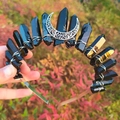 Detail of wicca witch crown with black raw crystals and silver crescent moon ornament - Black Crystal + White K Moon