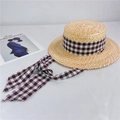 Detailed macro view of wheat straw hat texture and brown checkered ribbon detail - M (56-58cm) Adjustable / Beige