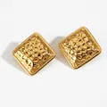 Modern square gold-plated titanium steel earrings with a textured hammered finish - Square Hammered Gold (KD2914)