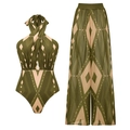 Flachbild von olivgrünem Neckholder-Badeanzug mit passender transparenter weiter Hose und Print - S / Neckholder-Set
