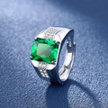 Men's S925 sterling silver ring with square green gemstone and side cubic zirconia - Emerald Men's Ring Ljz-12 / Adjustable Open
