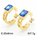 Golden C-shaped stainless steel earrings with rectangle blue zircon and chain texture - Gold Blue