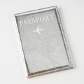 Silver PU leather passport cover with metallic cracked texture and airplane icon - Silver