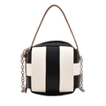 Fashionable black and white striped box bag with brown handle and silver chain strap - Black and White