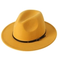 Bright yellow felt fedora hat with elegant black leather band and metal buckle detail - M (56-58cm) / Yellow