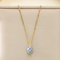 Close-up of gold stainless steel necklace with purple and green dragon fruit enamel charm - Purple Dragon Fruit Style (KN292116-Z)